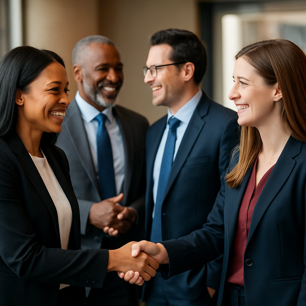 Professional networking event with diverse business professionals connecting